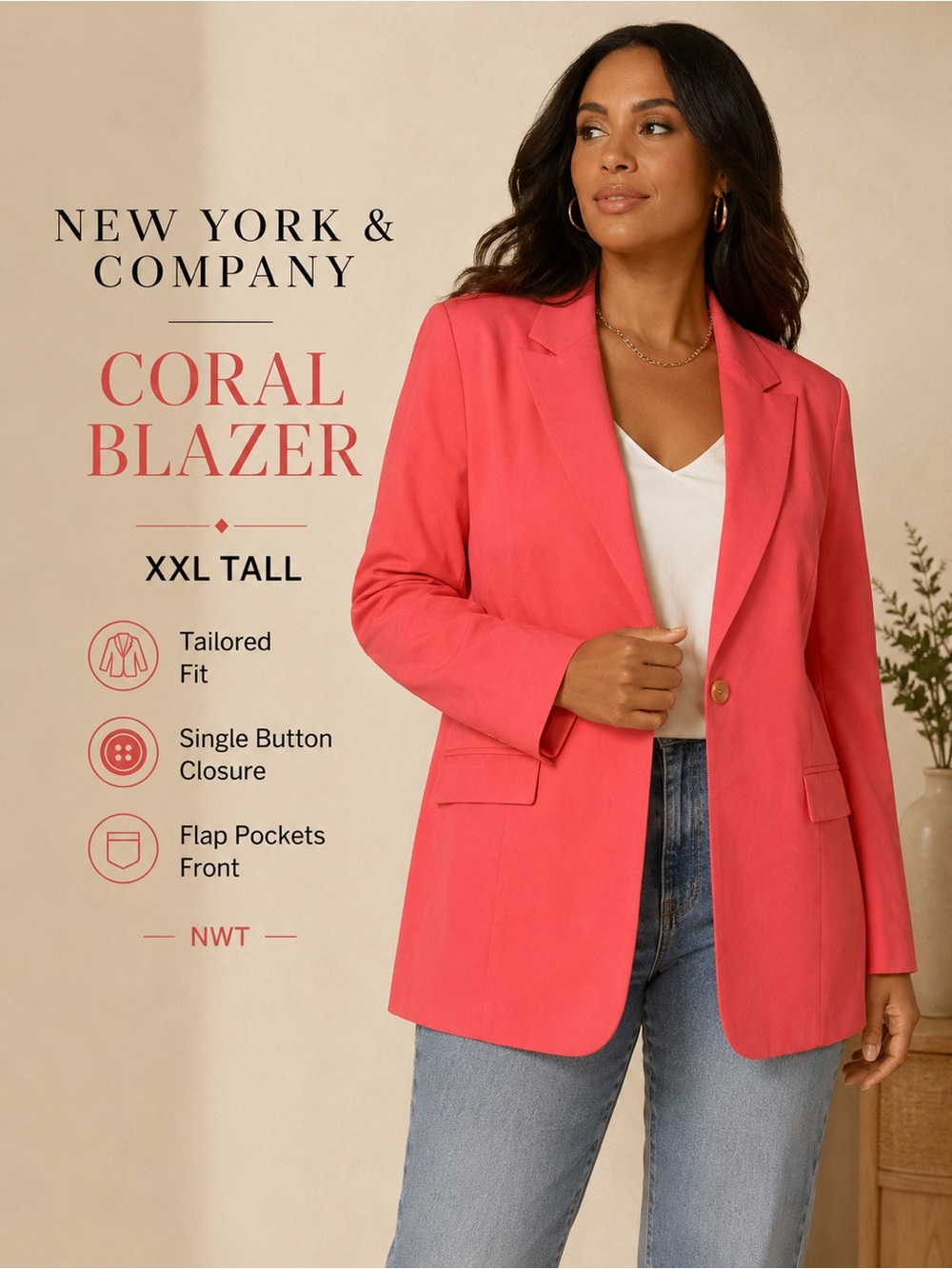 New York & Company Coral Pink Blazer XXL Tall NWT